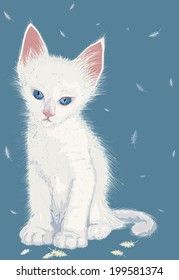 Gatito blanco esponjoso sobre un fondo azul con plumas