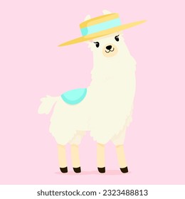 White fluffy llama in a hat