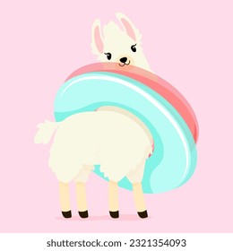 White fluffy llama with inflatable swimming rings around his neck