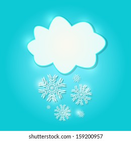 White Fluffy Paper Cloud Sign with Detailed Snowflakes on Bright Cyan Background