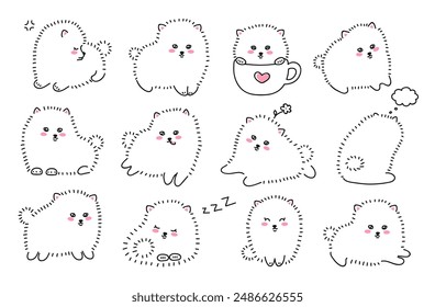 White fluffy puppy, pomeranian spitz. Small cute dog. Doodle drawing by hand. Linear graphics. Vector illustration isolated on white.