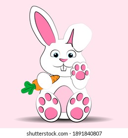 White, fluffy rabbit with a carrot. The hare is healthy. Rabbit with a pink paw.