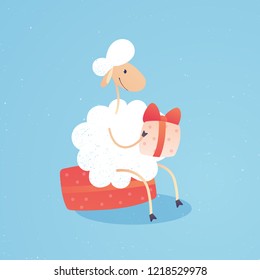 White fluffy sheep character with christmas gift. Present box with red ribbon. Funny smiling animal. Children New Year card. Vector illustration isolated on white background