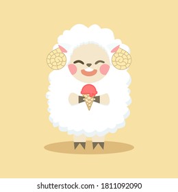 White fluffy sheep vector cartoon image standing eating strawberry ice cream cone 