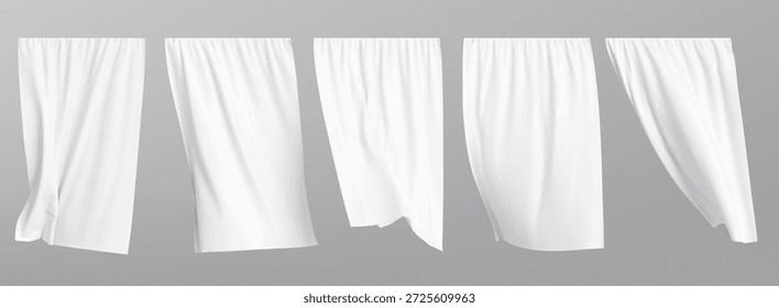 Conjunto de cortina branco voador. Ilustração realista de vetor isolada no plano de fundo cinza.