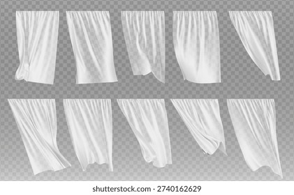 White fluttering curtain. Vector realistic illustration isolated on transparent background.