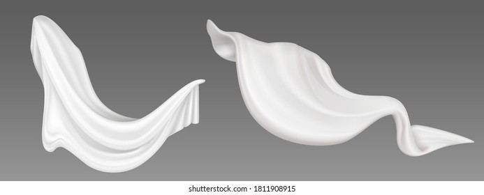 White fly fabric, folded flying cloth, soft flowing satin material, lightweight clear drapery. Abstract decorative textile or curtains isolated on grey background. Realistic 3d vector illustration