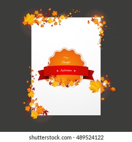 White flyer in autumn thanksgiving theme. Vector autumn design. with leaves and photorealisitc pumpkin.

