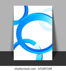 Design de panfleto branco, modelo ou banner com elementos de círculo azul brilhante.