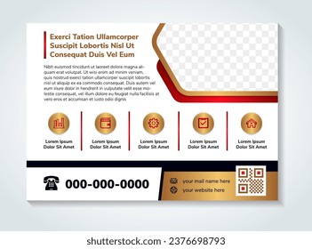 white flyer template design with example headline is custom dummy text. Hexagon for space of photo collage. Advertising banner with horizontal layout. golden gradient infograpic icon. gold and red