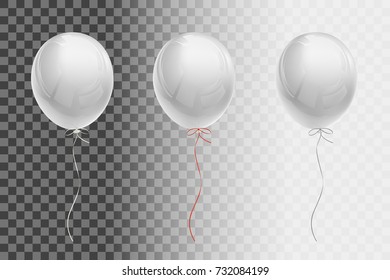 White flying balloon with ribbons of white, red, silver on a transparent background.  Creative object templates.  Vector illustration
