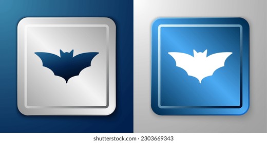 White Flying bat icon isolated on blue and grey background. Happy Halloween party. Silver and blue square button. Vector