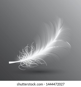 White flying bird feather isolated on dark background. Realistic 3d vector illustration of falling dove feathers or elegant soft plume