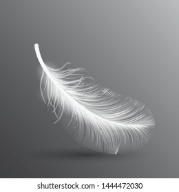 White flying bird feather isolated on dark background. Realistic 3d vector illustration of falling dove feathers or elegant soft plume