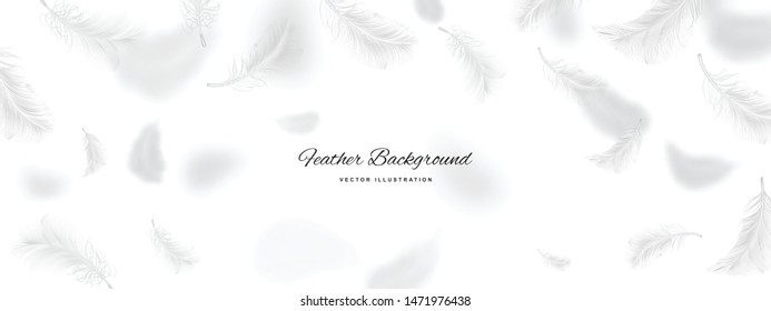 White flying bird feather pattern on light background. Realistic 3d vector illustration of falling dove feathers texture or elegant soft plume backdrop