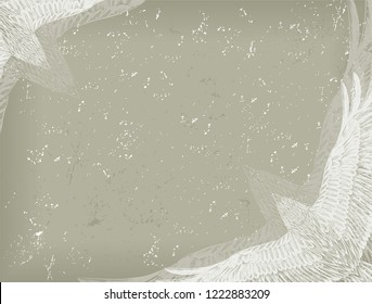 White flying bird on the faded paper. Sketch for tattoo art. Horizontal banner