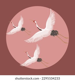 White flying cranes on the sky with the moon. Poster, postcard, vector	
