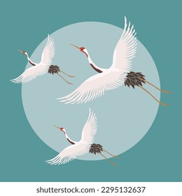 White flying cranes on the sky with the moon. Poster, postcard, vector	
