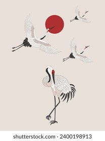 White flying cranes, storks in the sky with the moon. Retro style poster, postcard, vector