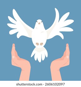 White flying dove symbol of the Holy Spirit against blue sky to Pentecost