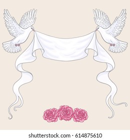 White Flying  Doves with Ribbon Banner 