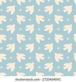 Las palomas voladoras blancas y las Pequeñas flores simples se repiten sobre un fondo azul claro
