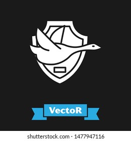 White Flying duck on shield icon isolated on black background. Hunting trophy on wall.  Vector Illustration