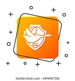 White Flying duck on shield icon isolated on white background. Hunting trophy on wall. Orange square button. Vector Illustration