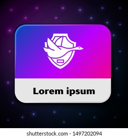 White Flying duck on shield icon isolated on black background. Hunting trophy on wall. Rectangle color button. Vector Illustration