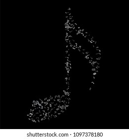 white flying musical notes isolated on black backdrop. Stylish musical notation symphony signs, notes for sound and tune music. Vector symbols for melody recording, prints and back layers.