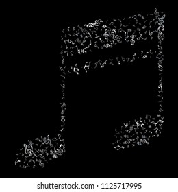 white flying musical notes isolated on black background. Stylish musical notation symphony signs, notes for sound and tune music. Vector symbols for melody recording, prints and back layers.