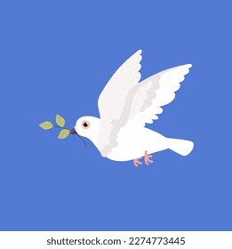 White flying pigeon holding twig with leaves in beak side view flat style, vector illustration isolated on white background. Symbol of love and peace, decorative design element