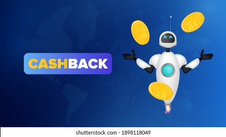 White flying robot and gold coins in the air. Cashback concept. For the topic of saving and returning money. Vector illustration.