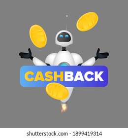 White flying robot and gold coins in the air. Cashback concept. For the topic of saving and returning money. Isolated. Vector illustration.