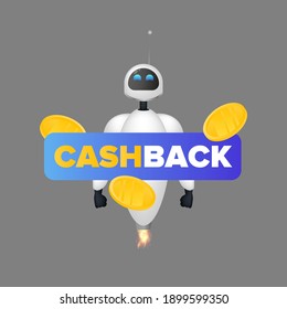 White flying robot and gold coins in the air. Cashback concept. For the topic of saving and returning money. Isolated. Vector