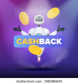 White flying robot and gold coins in the air. Cashback concept. For the topic of saving and returning money. Realistic style. Vector