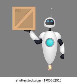 Der weiße fliegende Roboter hält eine Schachtel in der Hand. Lieferungs- und LKW-Konzept. Realistischer Stil. Vektorgrafik 
