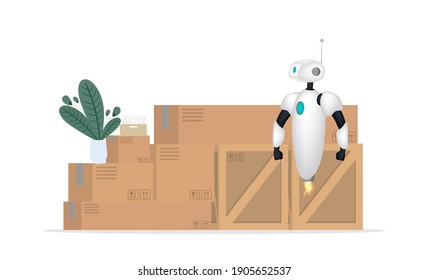 Robot blanco volador sobre el fondo de las cajas. Concepto de entrega y transporte por carretera. Estilo realista. Ilustración vectorial.
