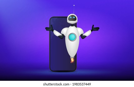 White flying robot on the background of the phone. Vector illustration.