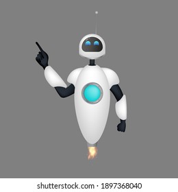 White flying robot points with a finger. The bot raised its index finger. Good for app design. Vector.