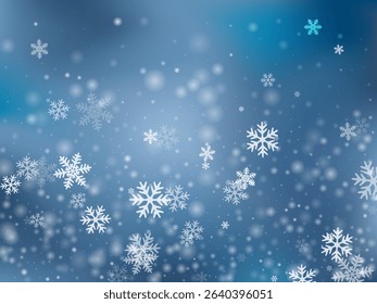 White flying snow flakes backdrop. Snowstorm dust freeze shapes. Snowfall sky white teal blue background. Swirling snowflakes february theme. Snow nature scenery.