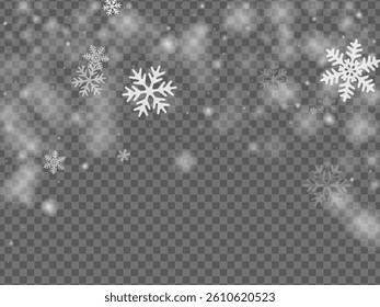 White flying snowflakes pattern. Wintertime speck freeze particles. Snowfall sky white transparent composition. Vibrant snowflakes december vector. Snow hurricane landscape.