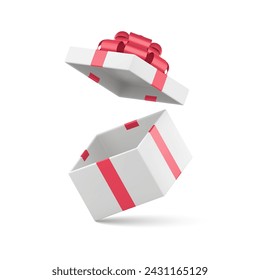 White flying wrapped gift box with open lid and red bow ribbon empty pack 3d icon realistic vector