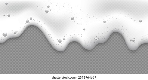 White foam background. Foam of beer or fizzy drink, suds of shampoo, detergent, cleaning gel with bubbles. Vector realistic illustration isolated on transparent background.