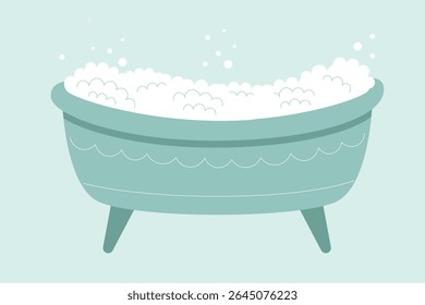 white foam bath in clean modern bathtub. Luxury spa relaxation concept with bubbles and calm water. Self-care, hydrotherapy and wellness background