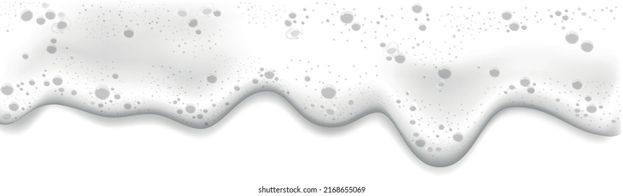 White foam dripping. Realistic air bubbles border isolated on white background