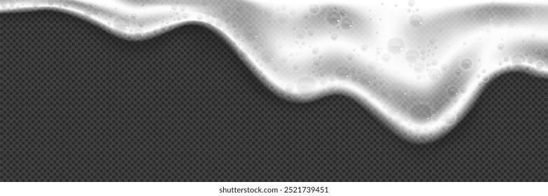 White foam flow isolated on transparent background. Vector realistic illustration of beer froth with air bubbles, cleaning detergent, bath washing gel, liquid soap splash, oxygen face mask effect