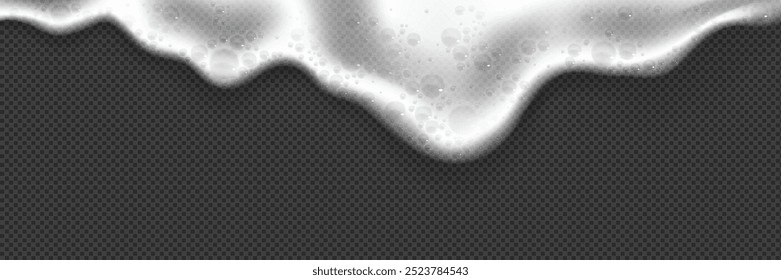 White foam flow isolated on transparent background. Vector realistic illustration of beer froth with air bubbles, cleaning detergent, bath washing gel, liquid soap splash, oxygen face mask effect