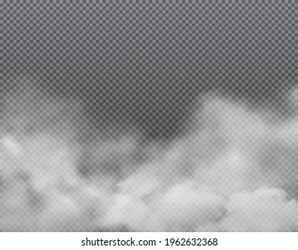 White fog or clouds on transparent background. Realistic vector fog, smoke, steam or mist clouds, smog, vapor or vapour. Foggy and smoky effect backdrop or border design, environment and weather