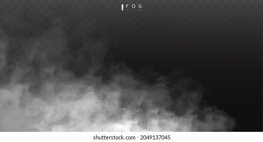 White fog or smok. Realistic fog. Atmosphere mist effect and smoke clouds isolated on transparent background. Vector abstract cloud texture